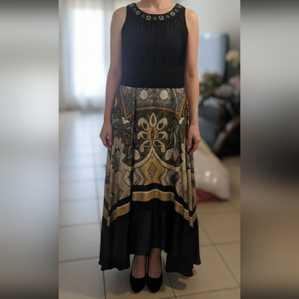 dressbarn Black and Gold Patterned Midi Dress